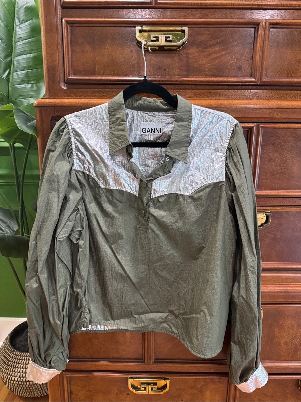 Ganni Olive Green Button-Front western Shirt with metallic Silver Yoke